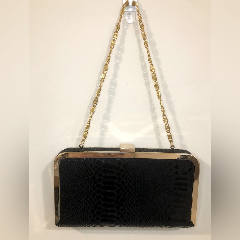 Black box clutch with gold hardware and faux snakeskin